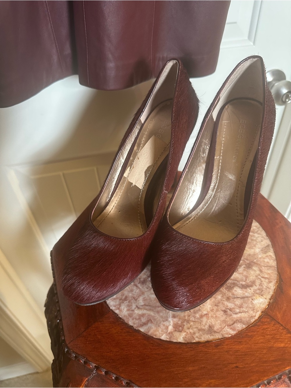 BCBG Burgundy Faux-Fur Round-Toe High Heels